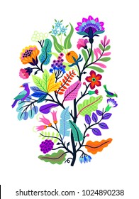 Vector Oriental motif of flowers. Original Floral design with of a woody vine with exotic flowers, tropic leaves and smaller birds. Tree of life Colorful flowers on a white background. Folk style.