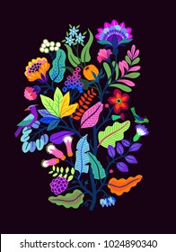 Vector Oriental motif of flowers. Original Floral design with of a woody vine with exotic flowers, tropic leaves and smaller birds. Tree of life Colorful flowers on a black background. Folk style.