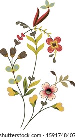 Vector Oriental motif of flowers. Original Floral design with of a woody vine with exotic flowers, tropic leaves and smaller birds. Tree of life Colourful flowers on a white background. Folk style.