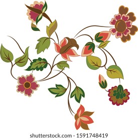 Vector Oriental motif of flowers. Original Floral design with of a woody vine with exotic flowers, tropic leaves and smaller birds. Tree of life Colourful flowers on a white background. Folk style.