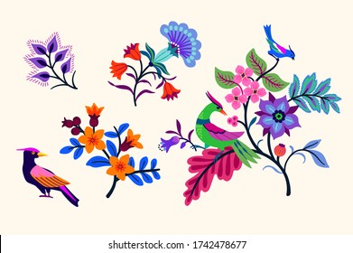 Vector Oriental motif of flowers. Original Floral design with of a woody vine with exotic flowers, tropic leaves and smaller birds. Tree of life Colorful flowers on a white background. Folk style.