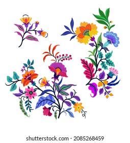 Vector Oriental motif of flowers. Original Floral design with of a woody vine with exotic flowers, tropic leaves and smaller birds. Tree of life Colorful flowers on a white background. Folk style.