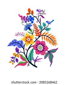 Vector Oriental motif of flowers. Original Floral design with of a woody vine with exotic flowers, tropic leaves and smaller birds. Tree of life Colorful flowers on a white background. Folk style.