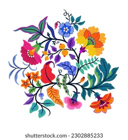 Vector Oriental motif of flowers. Original Floral design with of a woody vine with exotic flowers, tropic leaves and beautiful flowers. Tree of life Colorful flowers on a white background. Folk style.