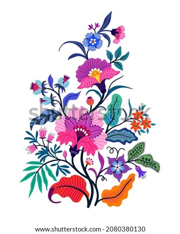 Vector Oriental motif of flowers. Original Floral design with of a woody vine with exotic flowers, tropic leaves and smaller birds. Tree of life Colorful flowers on a white background. Folk style.