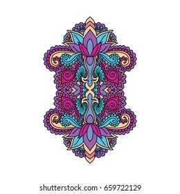 Vector oriental ornament, ethnic zentangled henna tattoo, patterned Indian paisley. Multicolored hand drawn illustration in doodle style
