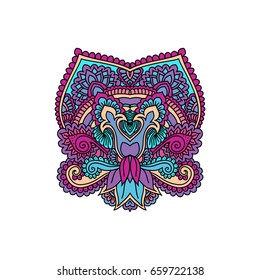 Vector oriental ornament, ethnic zentangled henna tattoo, patterned Indian paisley. Multicolored hand drawn illustration in doodle style