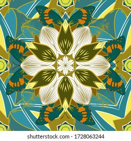 Vector oriental ornament frame with decorative colored foil. Blue, yellow and green back. Design for fashion banner, label, bridal shower or wedding invitation.