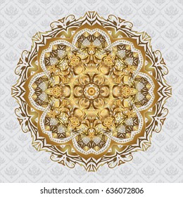 Vector oriental ornament frame with decorative golden foil. Design for fashion banner, label, bridal shower or wedding invitation. Gold on gray back.