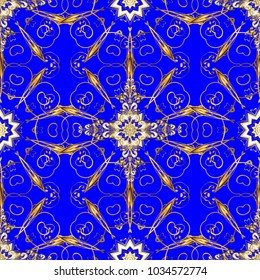 Vector oriental ornament. Golden pattern on blue, beige and brown colors with golden elements. Seamless golden pattern.