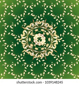 Vector oriental ornament. Golden pattern on green, white and yellow colors with golden elements. Seamless golden pattern.
