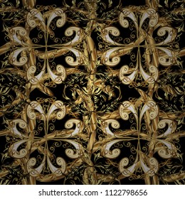 Vector oriental ornament. Golden pattern on black, brown and yellow colors with golden elements. Ornamental golden pattern.