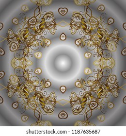 Vector oriental ornament. Golden pattern on gray, neutral and brown colors with golden elements. Ornamental golden pattern.
