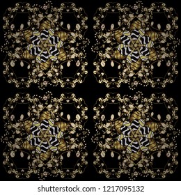 Vector oriental ornament. Golden pattern on black, yellow and brown colors with golden elements. Seamless golden pattern.