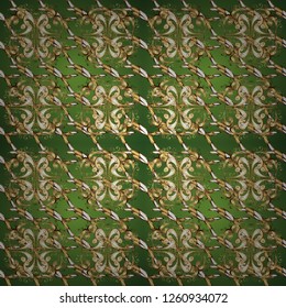 Vector oriental ornament. Golden pattern on green and brown colors with golden elements. Seamless golden pattern.