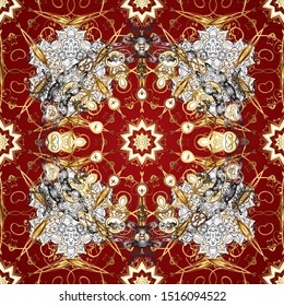 Vector oriental ornament. Golden pattern on red and white colors with golden elements. Seamless golden pattern.