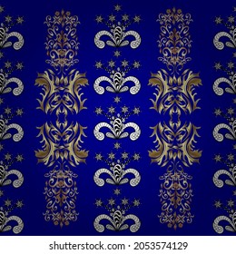 Vector oriental ornament. Golden pattern on white, blue and black colors with golden elements. Traditional classic golden pattern. Seamless oriental ornament in the style of baroque.