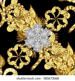 Vector oriental ornament. Golden pattern on black background with golden elements. Seamless oriental ornament in the style of baroque. Traditional classic golden pattern.