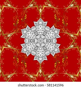 Vector oriental ornament. Golden pattern with white doodles on red background with golden elements. Seamless golden pattern.