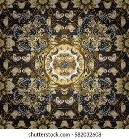 Vector oriental ornament. Golden pattern on blue background with golden elements. Oriental ornament in the style of baroque. Traditional classic golden pattern.