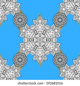 Vector oriental ornament. Golden pattern with white doodles on blue background with golden elements. Seamless golden pattern.