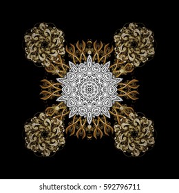 Vector oriental ornament. Golden pattern with white doodles on black background with golden elements. Golden pattern.