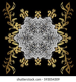 Vector oriental ornament. Golden pattern with white doodles on black background with golden elements. Golden pattern.