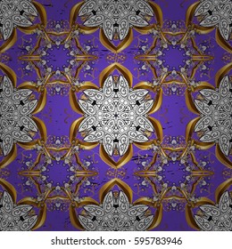 Vector oriental ornament. Golden pattern with white doodles on violet background with golden elements. Seamless golden pattern.