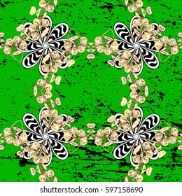 Vector oriental ornament. Golden pattern on green background with golden elements. Golden pattern.
