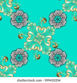Vector oriental ornament. Golden pattern with white doodles on blue background with golden elements. Seamless golden pattern.