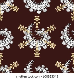 Vector oriental ornament. Golden pattern with white doodles on brown background with golden elements. Seamless golden pattern.
