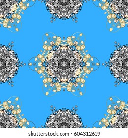 Vector oriental ornament. Golden pattern with white doodles on blue background with golden elements. Seamless golden pattern.