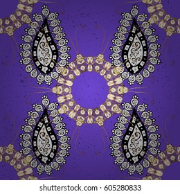 Vector oriental ornament. Golden pattern with white doodles on violet background with golden elements. Seamless golden pattern.