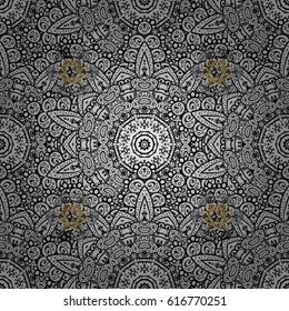 Vector oriental ornament. Golden pattern with white doodles on gray background with golden elements. Seamless golden pattern.