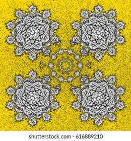 Vector oriental ornament. Golden pattern with white doodles on yellow background with golden elements. Golden pattern.