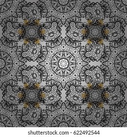 Vector oriental ornament. Golden pattern with gray doodles on gray background with golden elements. Seamless golden pattern.
