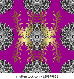 Vector oriental ornament. Golden pattern on magenta background with golden elements. Seamless oriental ornament in the style of baroque. Traditional classic golden pattern.