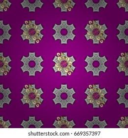 Vector oriental ornament. Golden pattern with white doodles on magenta background with golden elements. Seamless golden pattern.