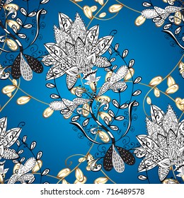 Vector oriental ornament. Golden pattern with white doodles on blue, white and black colors with golden elements. Ornamental golden pattern.