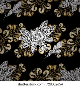 Vector oriental ornament. Golden pattern with white doodles on black, white and beige colors with golden elements. Seamless golden pattern.