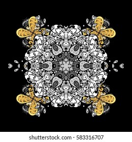 Vector oriental ornament. On black background with golden elements and with white doodles. Golden pattern.