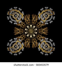 Vector oriental ornament. On black background with golden elements and with white doodles. Golden pattern.