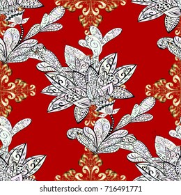 Vector oriental ornament. Ornamental pattern on red, neutral and gray colors with golden elements and with white doodles. Ornamental Golden pattern.