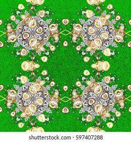 Vector oriental ornament. Pattern on green background with golden elements. Golden pattern.