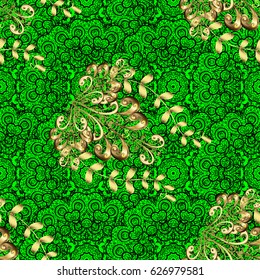 Vector oriental ornament. Pattern on green background with golden elements. 