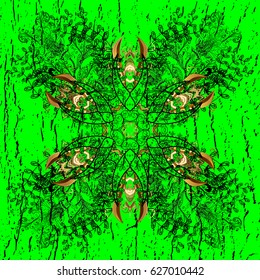 Vector oriental ornament. Pattern on green background with golden elements. Golden pattern.