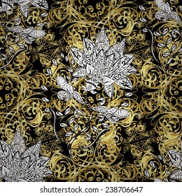 Vector oriental ornament. Seamless Golden pattern. Seamless pattern on black colors with golden elements and with white doodles.
