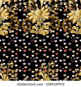 Vector oriental ornament. Seamless pattern on black, brown and beige colors with golden elements. Seamless golden pattern.