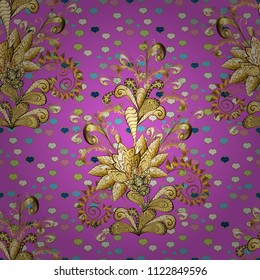 Vector oriental ornament. Seamless pattern on violet, brown and yellow colors with golden elements. Seamless golden pattern.
