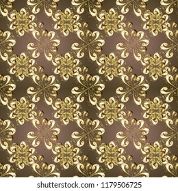 Vector oriental ornament. Seamless pattern on brown, beige and yellow colors with golden elements. Seamless golden pattern.